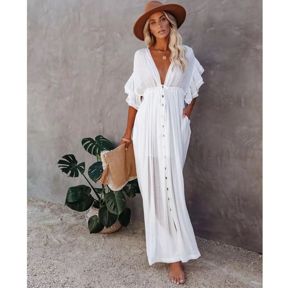 White Boho Deep V Open Back Maxi Cover Up Dress w/ Pockets - Picture 7 of 13
